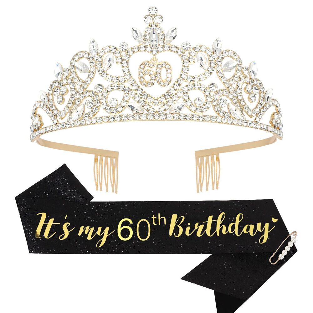 4576 60th Birthday Crown And Sash Set For - Gold Plated Alloy &